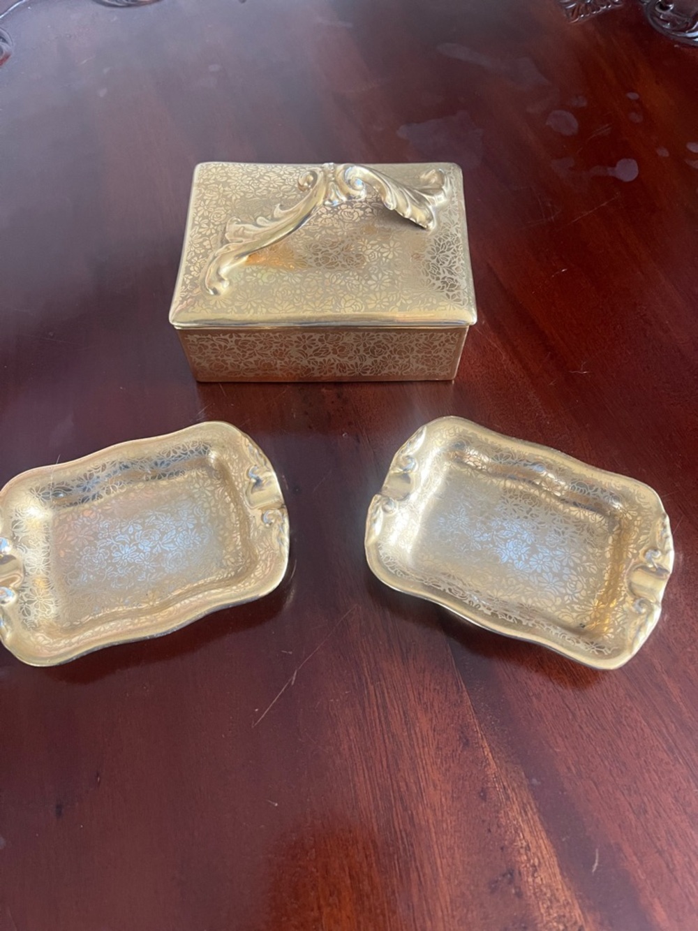 Vintage Stouffer Fine China Gold Cigarette Box & Two Ashtrays